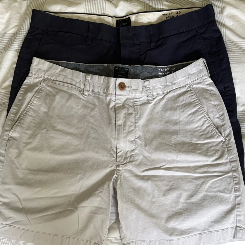 J. Crew Men’s Flat Front Chino Shorts in Khaki and Navy